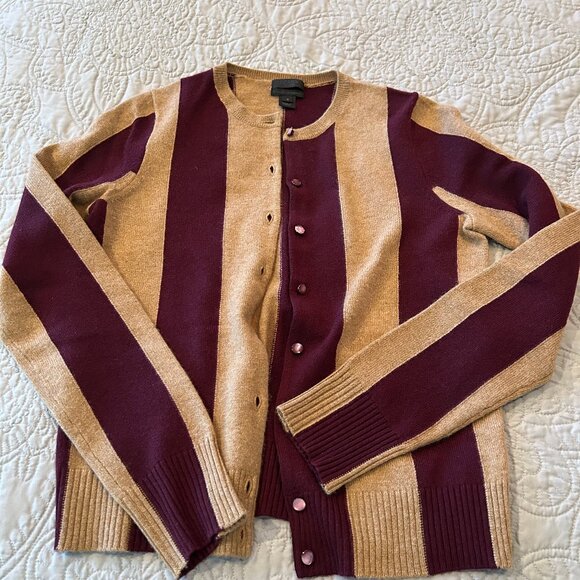J. Crew Collection Italian Cashmere Cardigan Burgundy/tan stripe Women’s Sz S - Picture 1 of 3